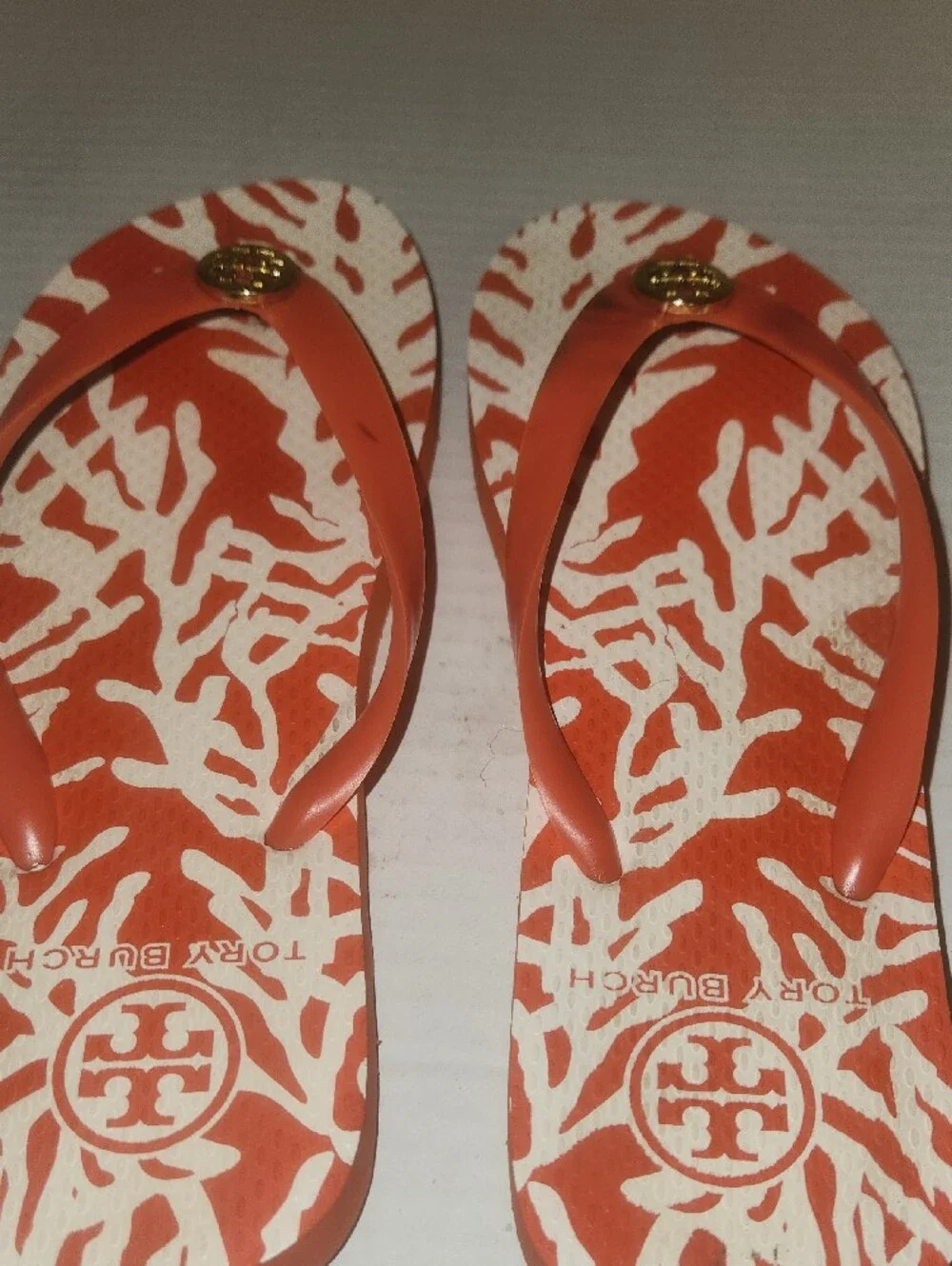 Tory Burch Coral Orange Logo Rubber Flip Flop Sandals